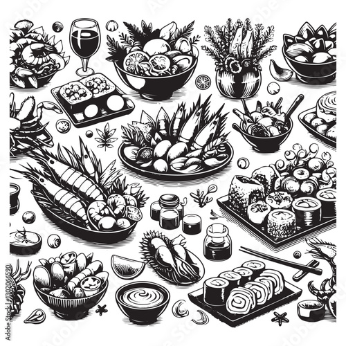 Festive seafood dishes food cooked modern delicacies with a presentation on the plate. Delicious dishes: salads and soups of shrimp, crab, mussels, baked fish, rolls, sushi, octopus vector