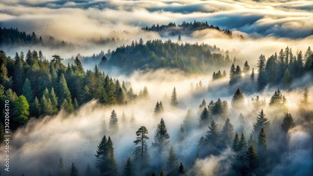Fototapeta Misty Forest Landscape Under Rolling Fog at Sunrise in Nature