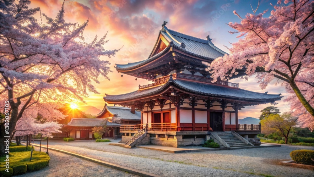 Obraz premium Serene Sakura Blooming Near Traditional Japanese Temple at Sunset