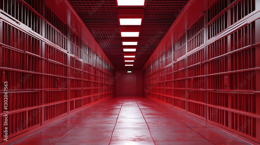 Fototapeta premium Abstract Red Prison Corridor Confinement and Isolation