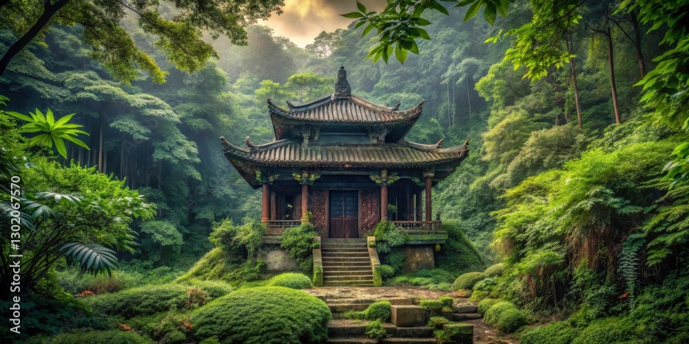 Serene Eastern Pavilion Surrounded by Lush Green Forest Landscape Serene Eastern Pavilion Surrounded by Lush Green Forest Landscape