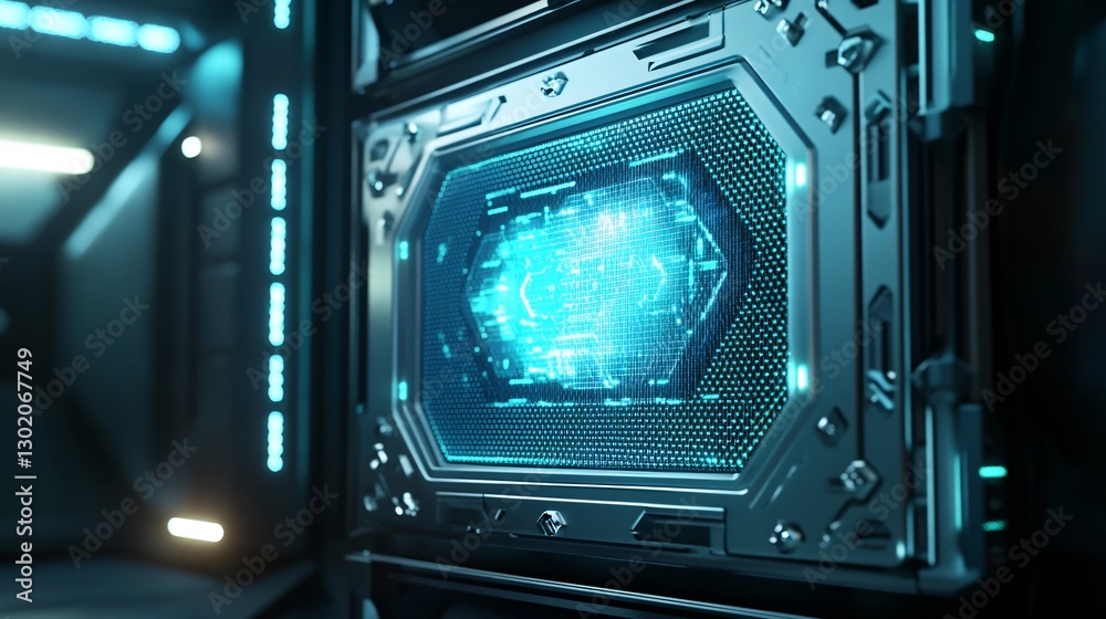 Fototapeta premium Futuristic Tech Panel Teal Holographic Interface in Sci-Fi Server Rack