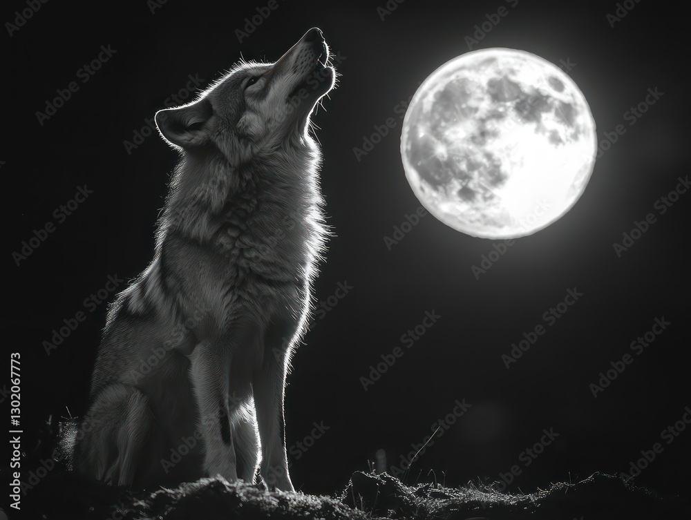 Lone wolf howling at night moon, wilderness backdrop