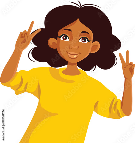 Woman of African Ethnicity Showing Victory Sign Vector Cartoon. Cheerful positive girl feeling accomplished and confident
