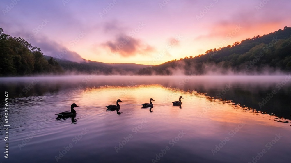 Naklejka premium Ducks swim lake sunrise misty hills
