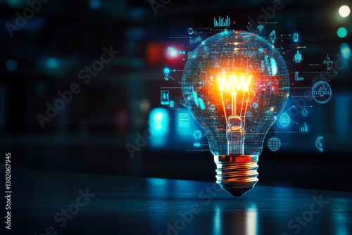 A mesmerizing digital light bulb surrounded by glowing data and technology symbols, representing the fusion of creativity and innovation in the digital age. photo