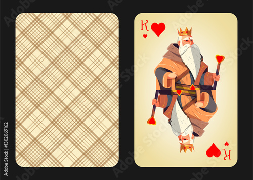 Original design of the playing card king of hearts, front and back. King of Hearts in cartoon vintage style. Vector illustration