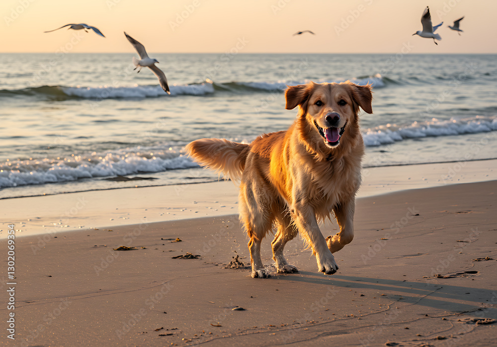 Golden Retriever Joyfully Running on a Sandy Beach at Sunset with Seagulls Flying Overhead Golden Retriever Joyfully Running on a Sandy Beach at Sunset with Seagulls Flying Overhead