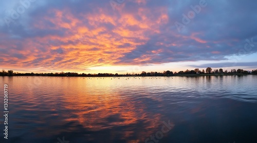 Fiery Sunrise Reflecting on Calm Lake