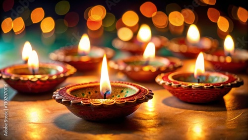 Colorful Diwali Festival Candles Illuminating Night with Bokeh Effect