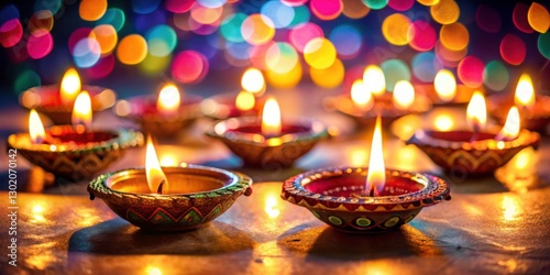 Colorful Diwali Candles with Soft Bokeh Background in Evening Light