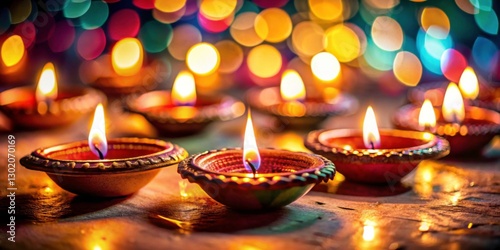 Colorful Diwali Candles with Blurred Lights in the Background
