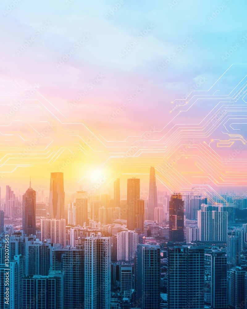 Fototapeta premium Urban skyline at sunrise with a digital circuit overlay creating a futuristic aesthetic.