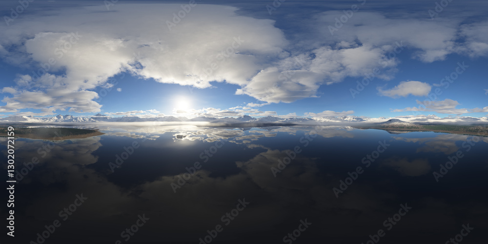 Fototapeta premium Serene 360-Degree Mountain Landscape with Sky Reflection in Clear Waters