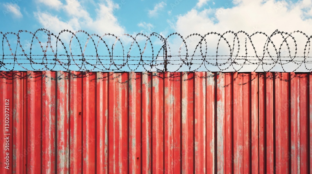 Red Corrugated Metal Fence with Barbed Wire Under a Blue Sky Red Corrugated Metal Fence with Barbed Wire Under a Blue Sky