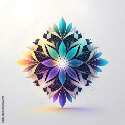 An iridescent logo design features a mesmerizing explosion of fractal patterns in geometric shapes and clean lines. Iridescent reflections enhance the balance, symmetry, and visual clarity, with fract