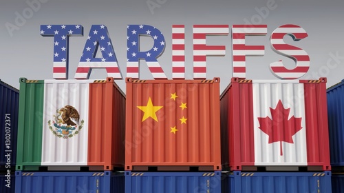 US Imposes Tariffs from China, Canada, Mexico. Geopolitical Trade Impacts in Global. America Tariff Policy. International Trade Relations, Increased Import Tariffs, Trade War Dispute Over  Exports
