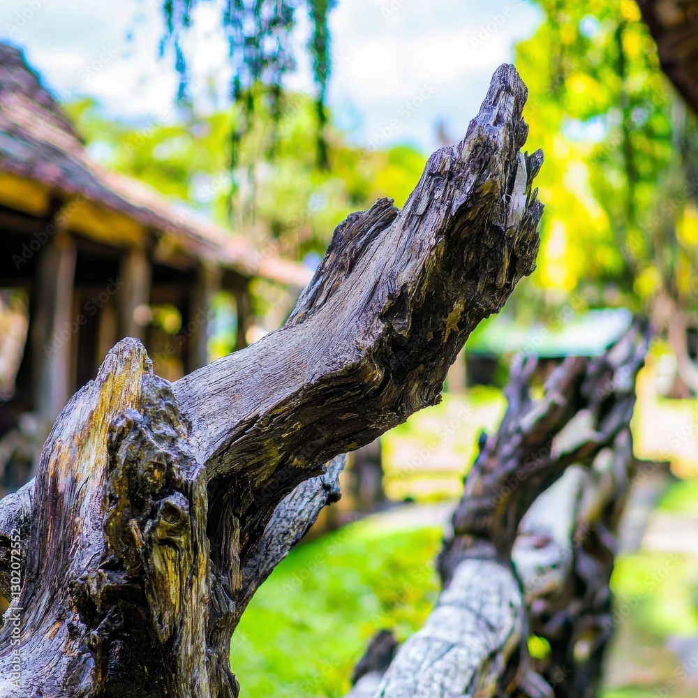 Fototapeta premium Beautiful rustic wooden fence in vibrant green landscape with blurred background and sunlight on natural wood grain