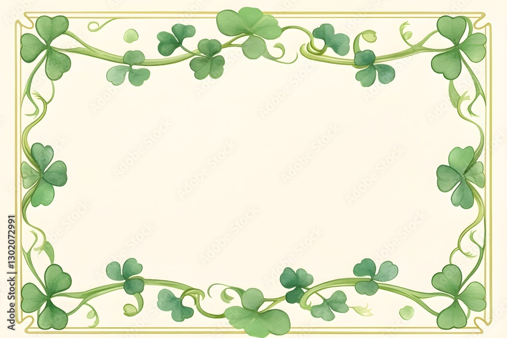 Shamrock border frame on beige background. St. Patrick's Day greeting card template with copy space. Irish holiday celebration, lucky charm concept for festive invitations. Shamrock border frame on beige background. St. Patrick's Day greeting card template with copy space. Irish holiday celebration, lucky charm concept for festive invitations.
