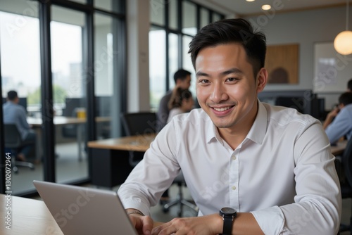 Wallpaper Mural Young Asian Male Professional Working on Laptop in Modern Office Space with Colleagues in Background, Smiling and Engaged in Task Torontodigital.ca