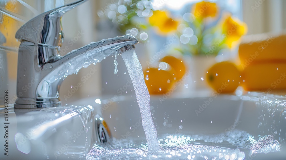 Sparkling Water Flowing from Modern Faucet Sparkling Water Flowing from Modern Faucet