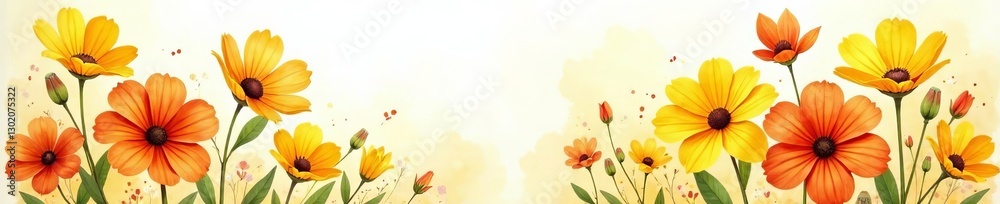 Fototapeta premium Vibrant yellow and orange watercolor flowers in full bloom, artistic, petal, bright