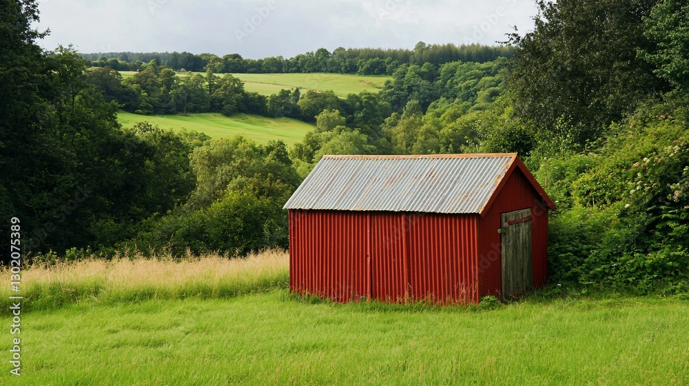 Obraz premium Rustic Red Barn in Rolling Green Hills Landscape