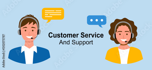 Customer service and support concept. Call center. Online support center with person in headset with bubbles.