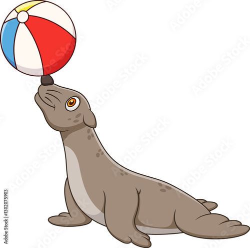 Cute seal cartoon balancing a beach ball on its nose, a playful and fun animal image for branding, summer promotions, and childrens products.