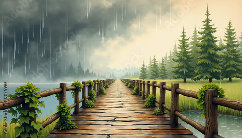 Wooden Bridge Connecting Stormy and Sunny Areas, for blogs, presentations and websites.