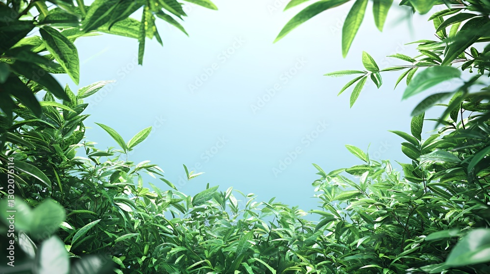 Obraz premium Lush Green Foliage Background with Bright Blue Sky