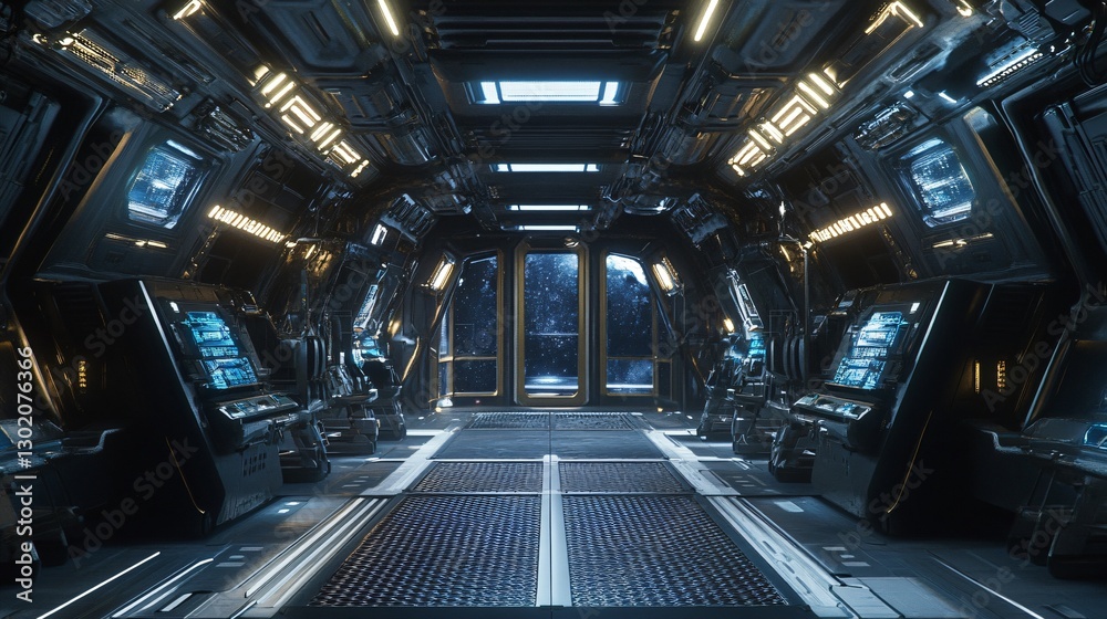 Obraz premium Futuristic Spaceship Corridor Interior - Sci-Fi Spaceship Cabin Design