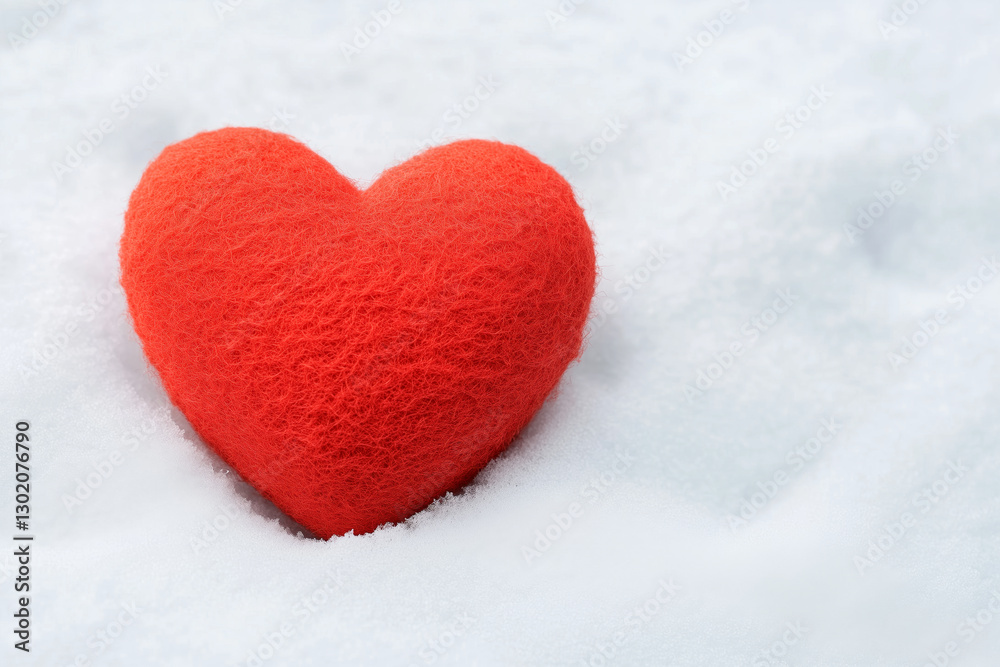 Fototapeta premium Soft red felt heart resting on fresh white snow symbolizing love warmth and romance in winter season