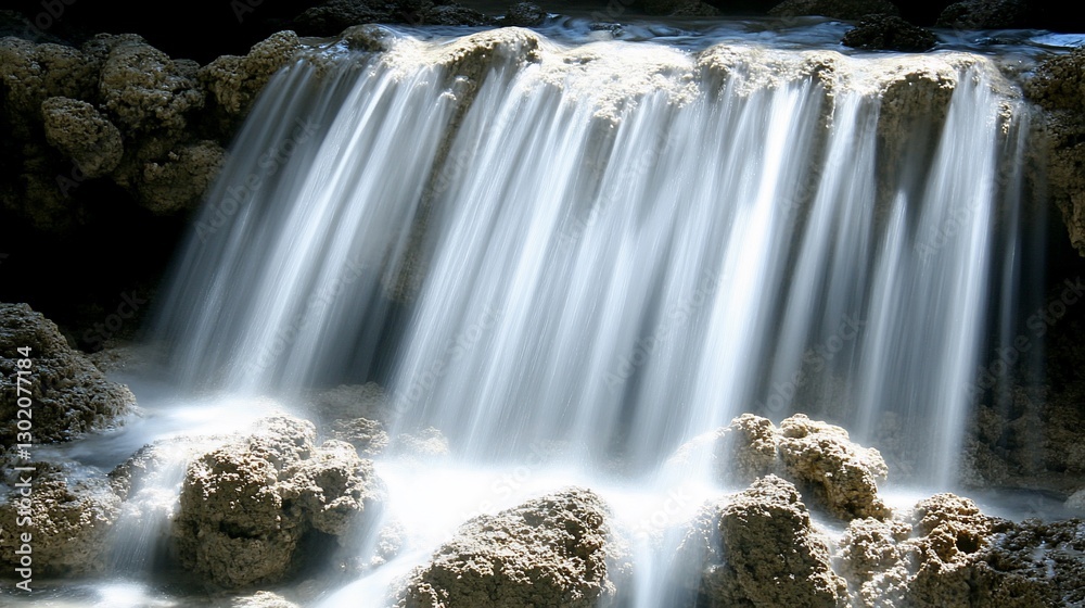 Fototapeta premium Serene waterfall flows, rocks, lush background, nature peace