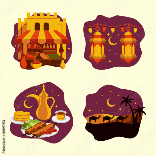 A vibrant vector set featuring a Ramadan market, glowing lanterns, an Arabic iftar meal, and a desert night with a camel caravan, capturing Middle Eastern culture and tradition.