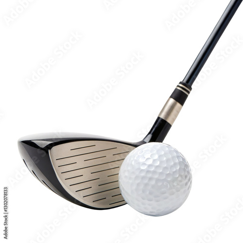 Closeup view of the golf club with the ball isolated on a transparent background