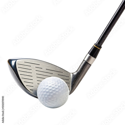 Closeup view of the golf club with the ball isolated on a transparent background