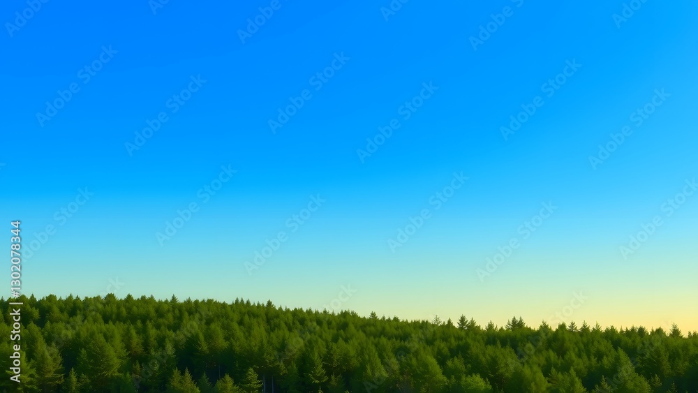 Naklejka premium Idyllic landscape featuring a vibrant blue sky over a dense, lush green forest at sunset, highlighting nature's tranquility and beauty in a serene wilderness.
