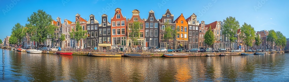 Fototapeta premium Brightly colored houses in a European town along a canal, pastel facades creating a vibrant scene, serene blue sky offering the ideal backdrop for a summer vacation atmosphere