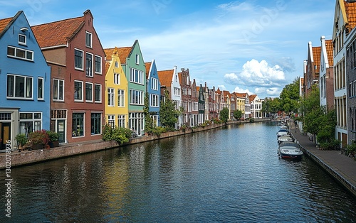 Charming pastelcolored houses lining a European canal, vibrant facades, serene blue sky backdrop, evoking the perfect summer vacation vibe, tranquil and picturesque view