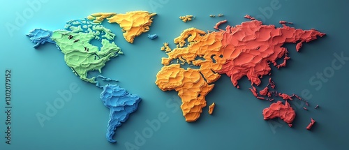 Colorful 3D world map illustration with different continents and countries in bright colors
