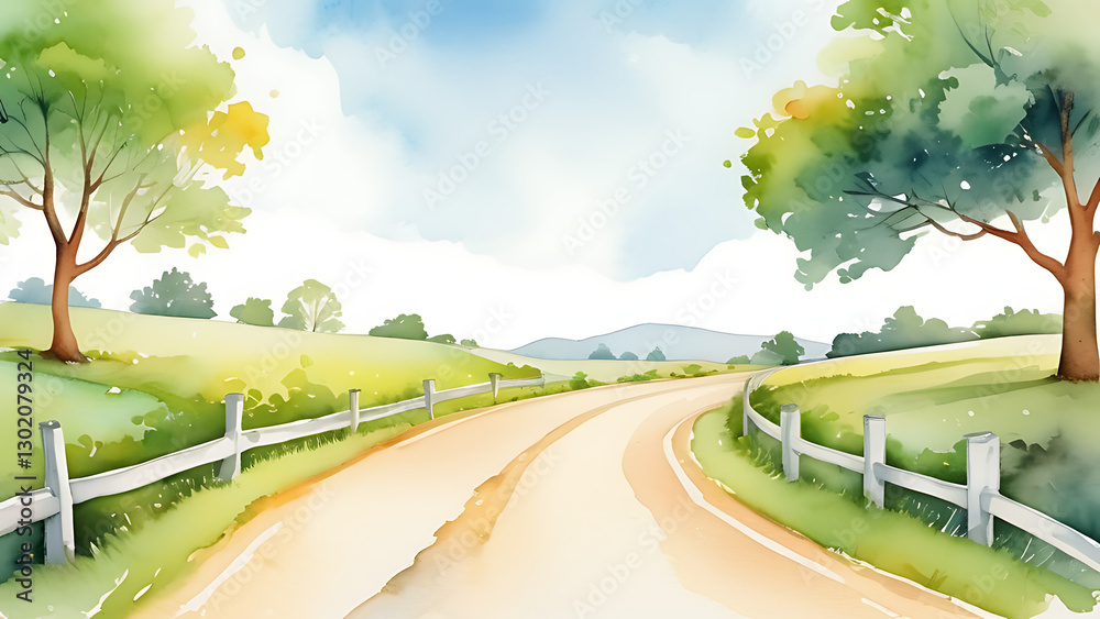 Fototapeta premium Watercolor Painting of Country Road with Trees and Rolling Hills