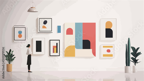 The image shows a minimalist art gallery interior with white walls.  Several framed abstract paintings in various shapes and sizes with a color palette of pastels, black and white are hung