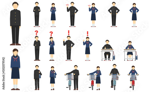 フラットイラスト：中学生正面(冬服)