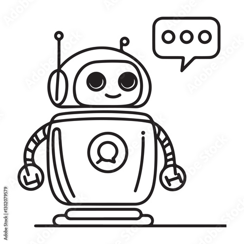 continuous one single black line art doodle hand drawing of cute Chatbot icon with speech bubbles illustration on white background