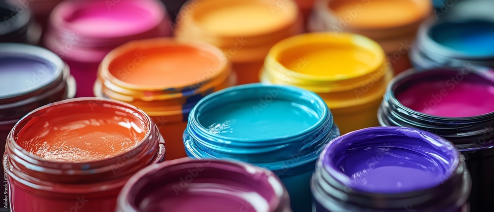 Dynamic closeup of colorful paint containers in various shades Dynamic closeup of colorful paint containers in various shades