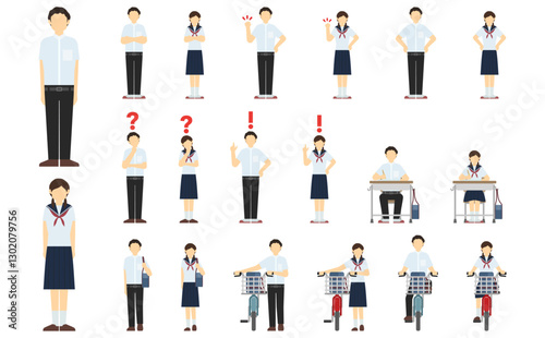 フラットイラスト：中学生正面(夏服)