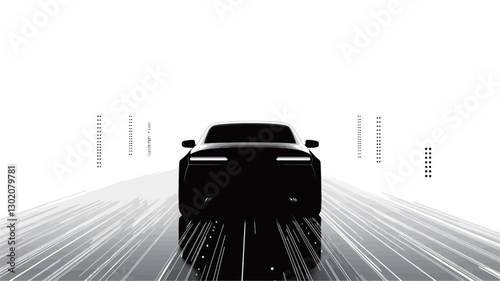 The image is a monochrome shot of a car silhouette driving on a bright road.  The car is centrally positioned and faces the viewer directly.  The background is overwhelmingly bright,
