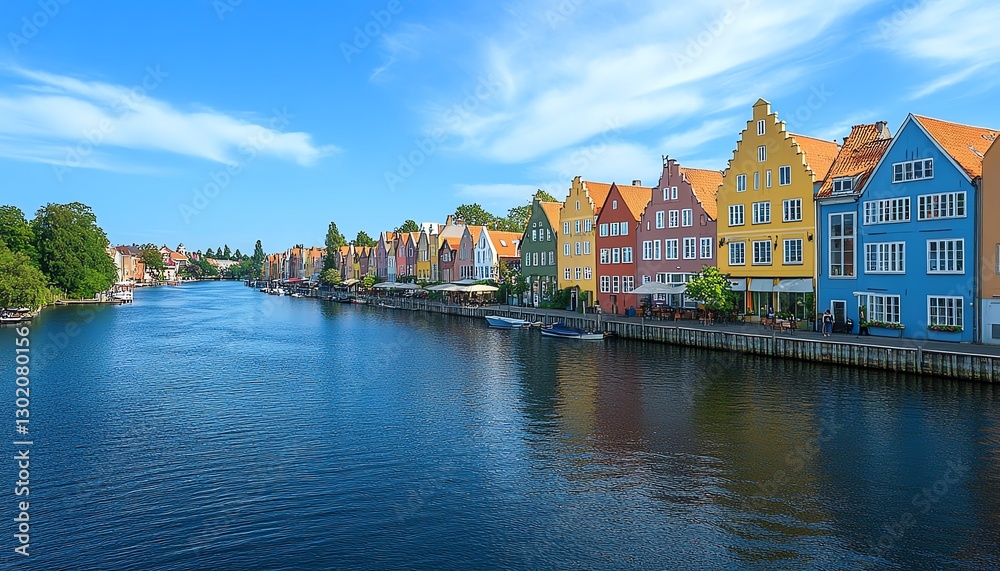 Fototapeta premium European town with vibrant pastelcolored houses lining a canal, serene blue sky creating a picturesque scene, evoking the perfect summer vacation mood