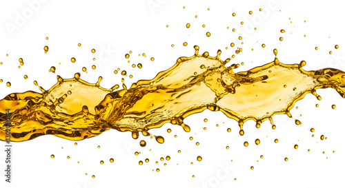 Golden oil splashes frozen in time, showcasing vibrant reflections and rich textures, on a clean transparent background
